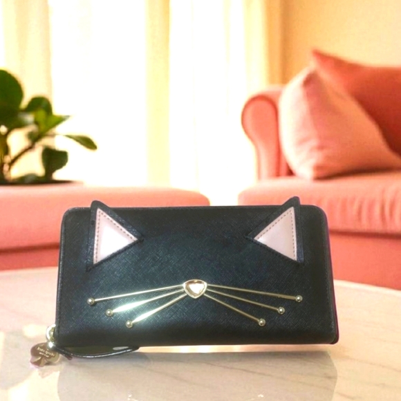Kate Spade Black Cat Ear Wallet with Gold Accents. Zippered Large Wallet - Picture 5 of 9